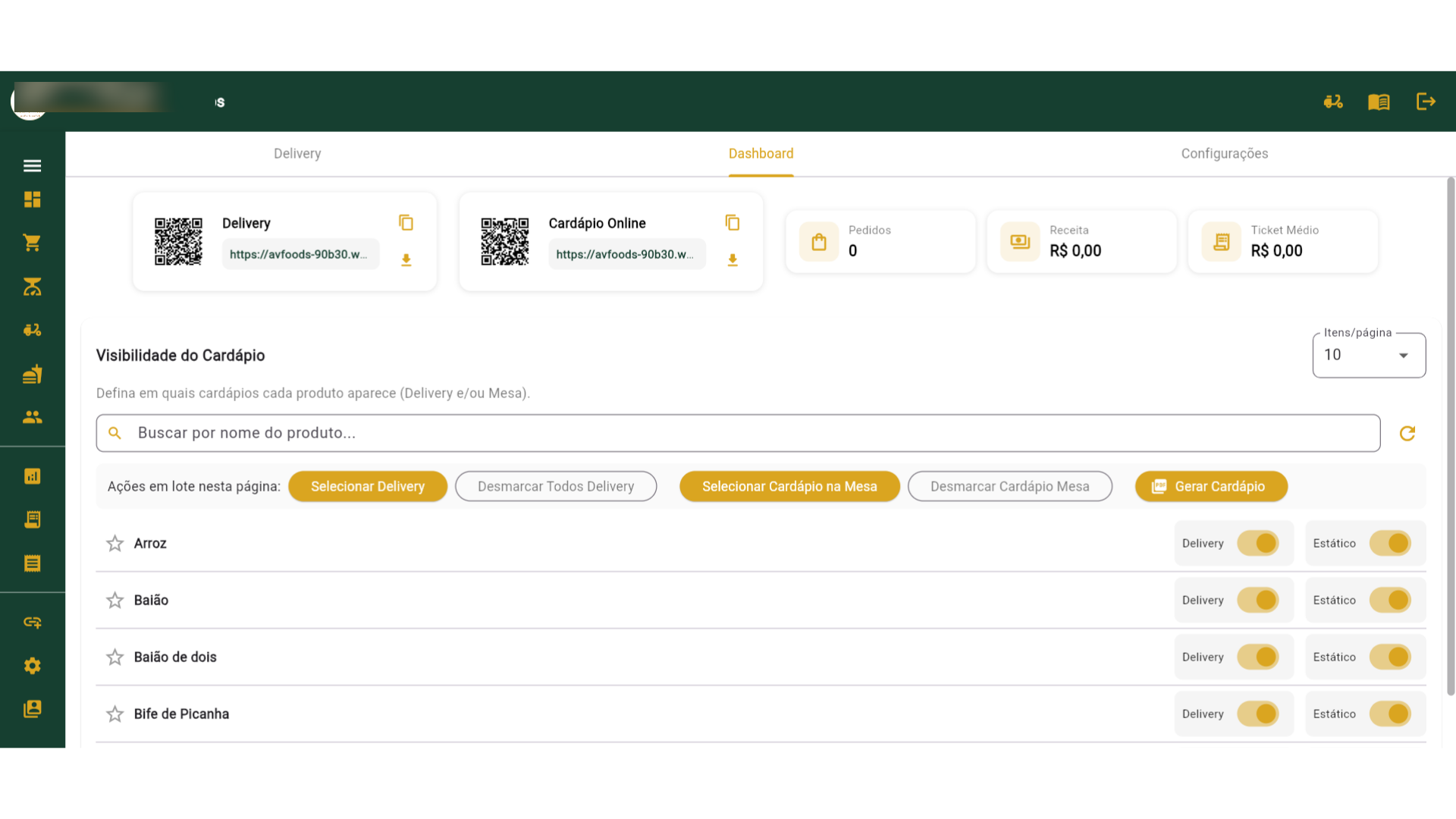Dashboard Delivery e Cardápio