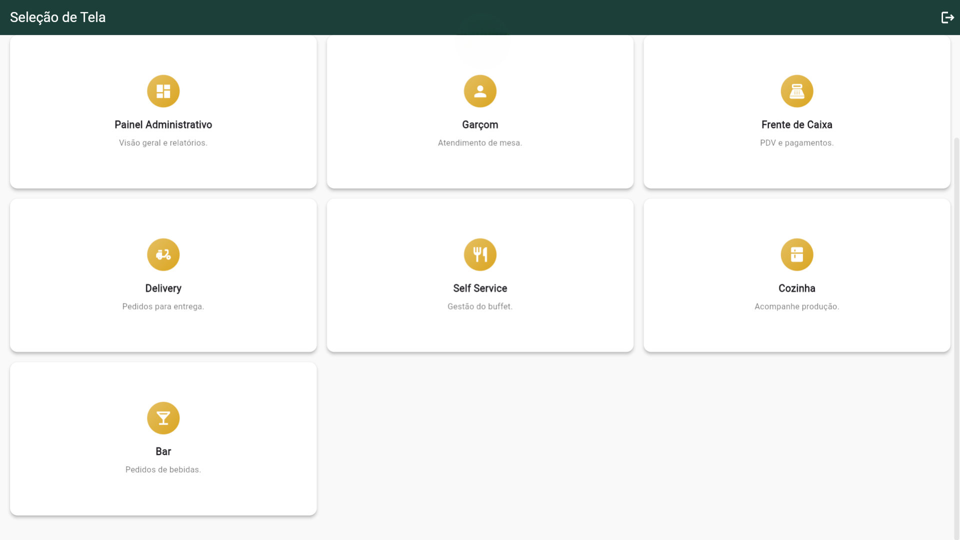 Dashboard de seleção de módulos
